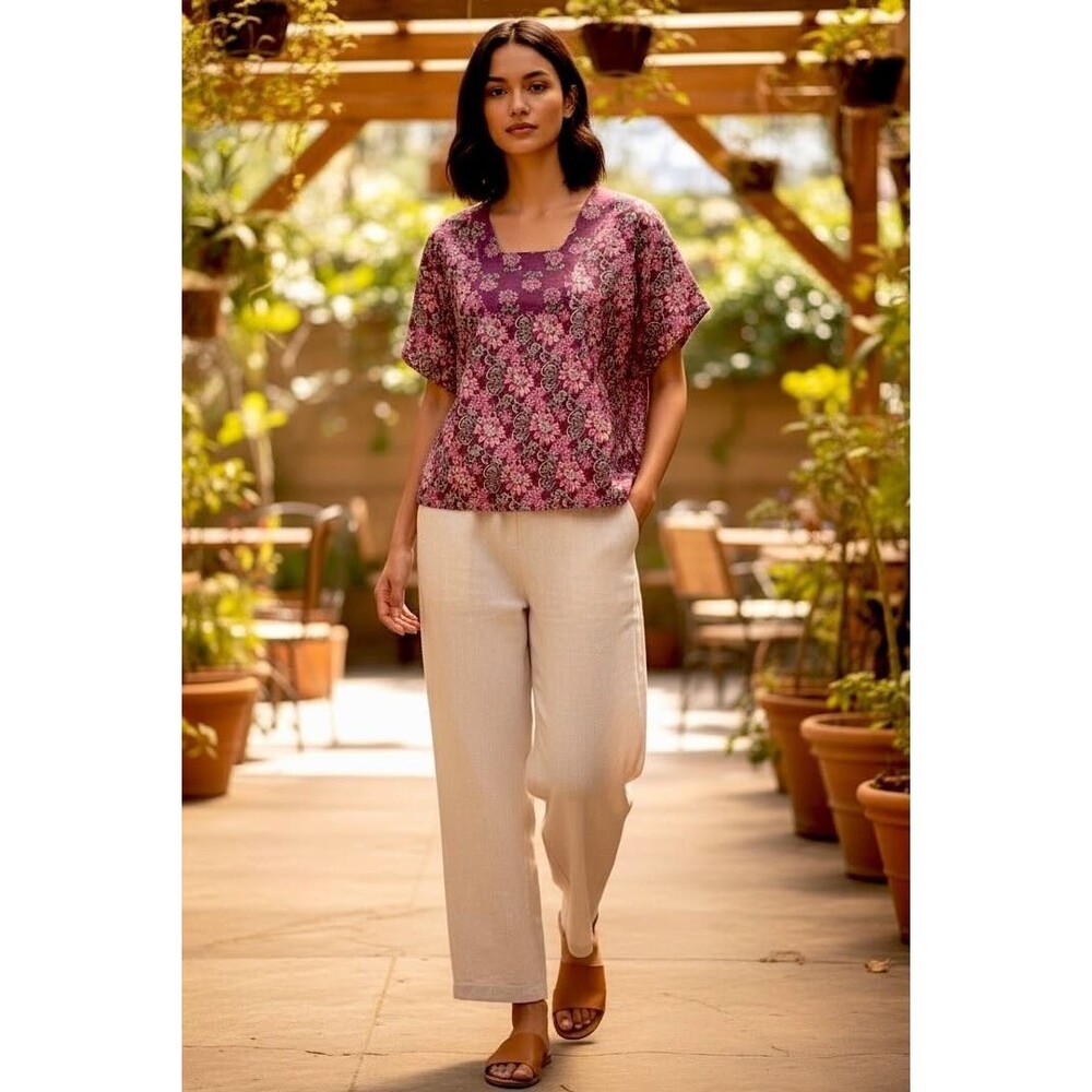 Vermont Country Store Cotton Tunic Floral Block Print Square Neck Cottagecore L